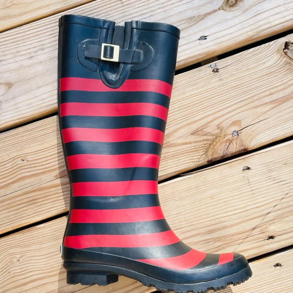 NWT Lillybee Black Red Striped Waterproof Rain Boots Women's  Size 6